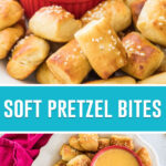 collage of soft pretzel bites, two images of bites taken at side view and from above