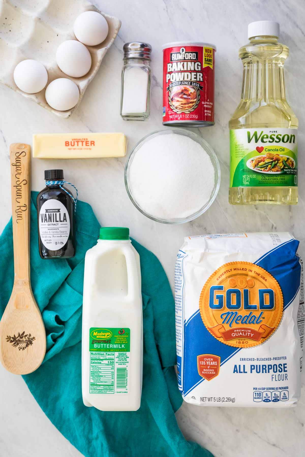 overhead view of ingredients for vanilla cake