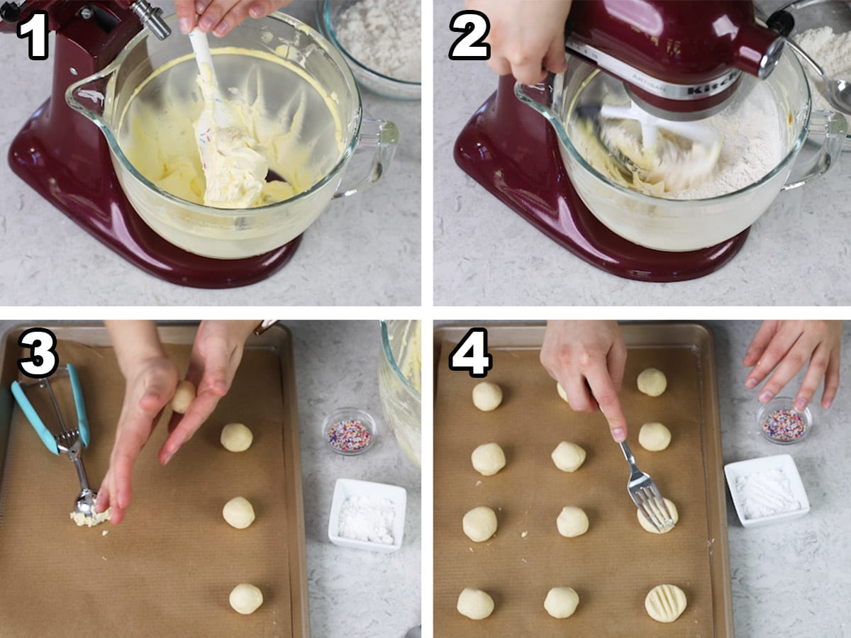 Collage of four photos showing how to make whipped shortbread cookies