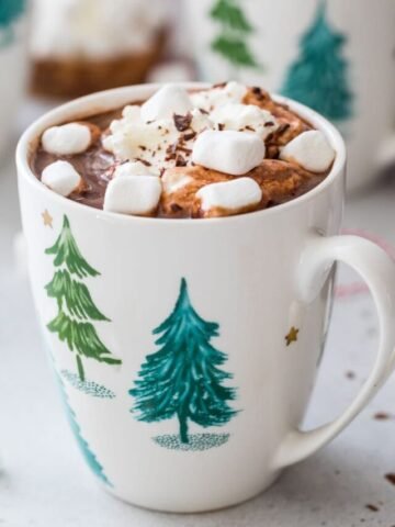 Close up of hot chocolate in white mug with marshmallows