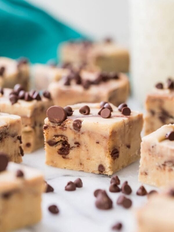 square piece of cookie dough fudge topped with mini chocolate chips among other fudge squares
