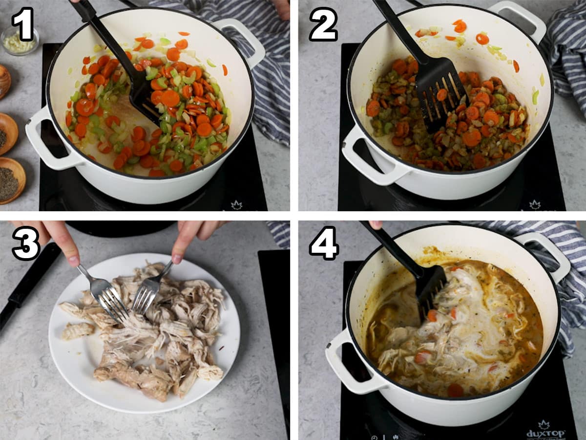 4 image collage showing the steps to making chicken and rice soup: cooking veggies, stirring in flour, shredding chicken, cooking