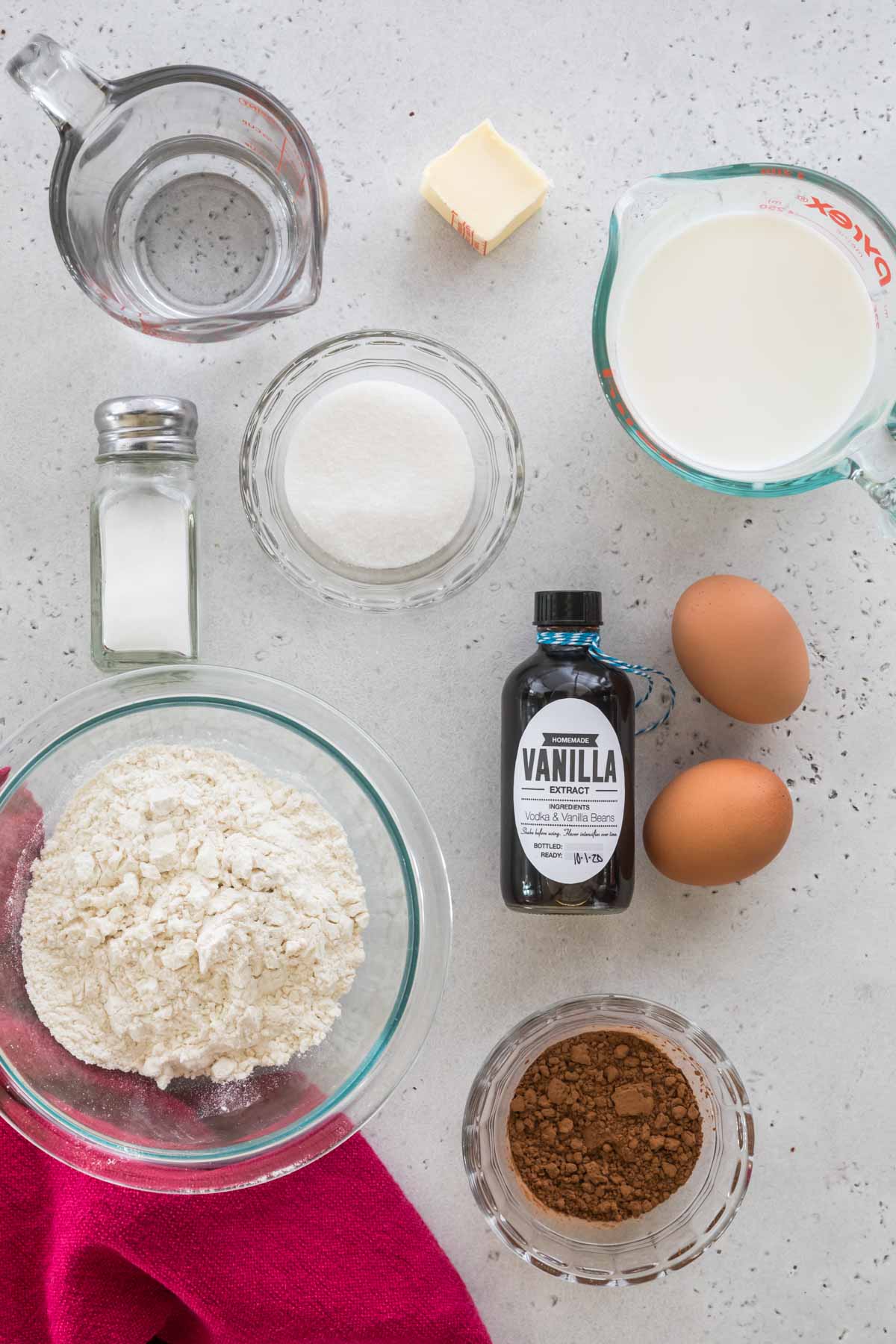 overhead view of ingredients for chocolate crepes
