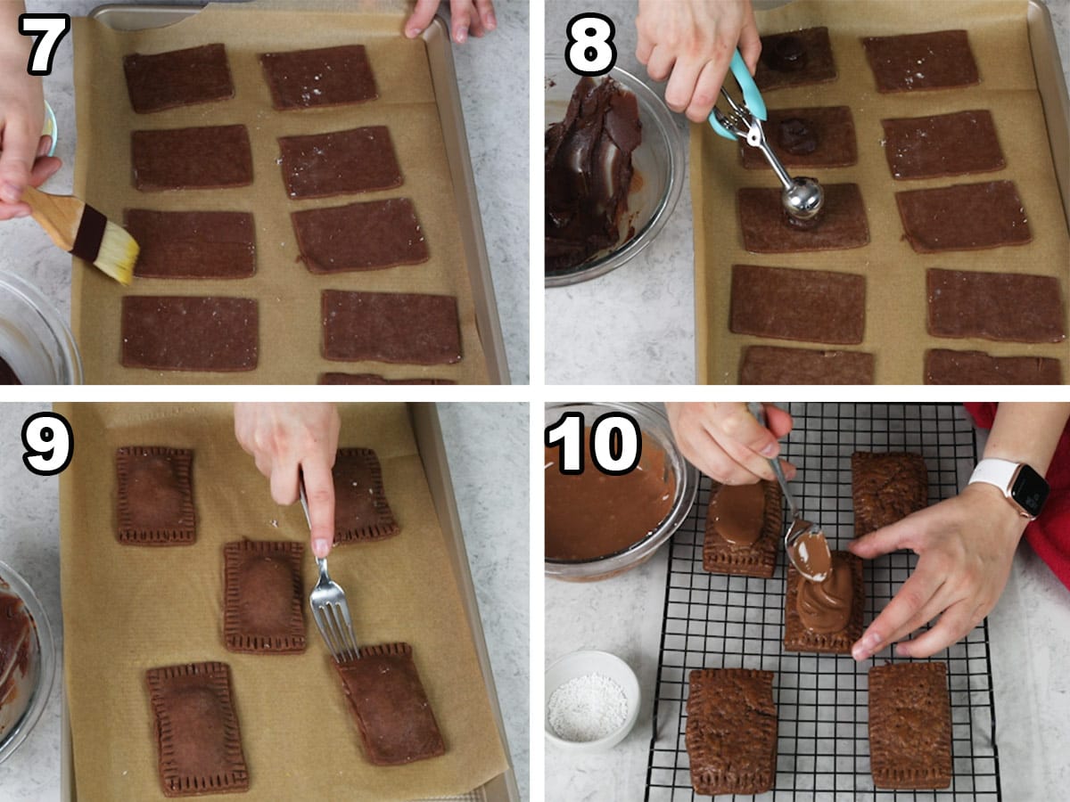 collage of four photos showing how to assemble and frost chocolate pop tarts
