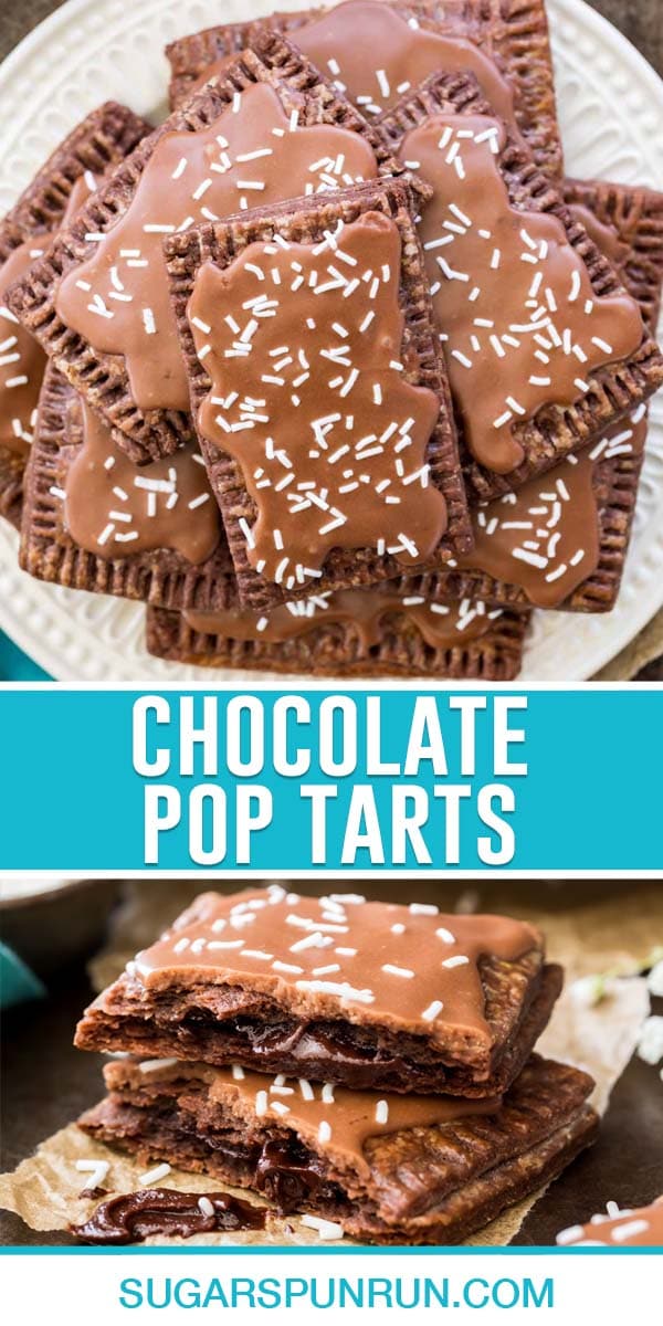 collage of chocolate pop tarts, top image of multiple pop tarts on white plate, bottom image of pop tart cut open halves stacked