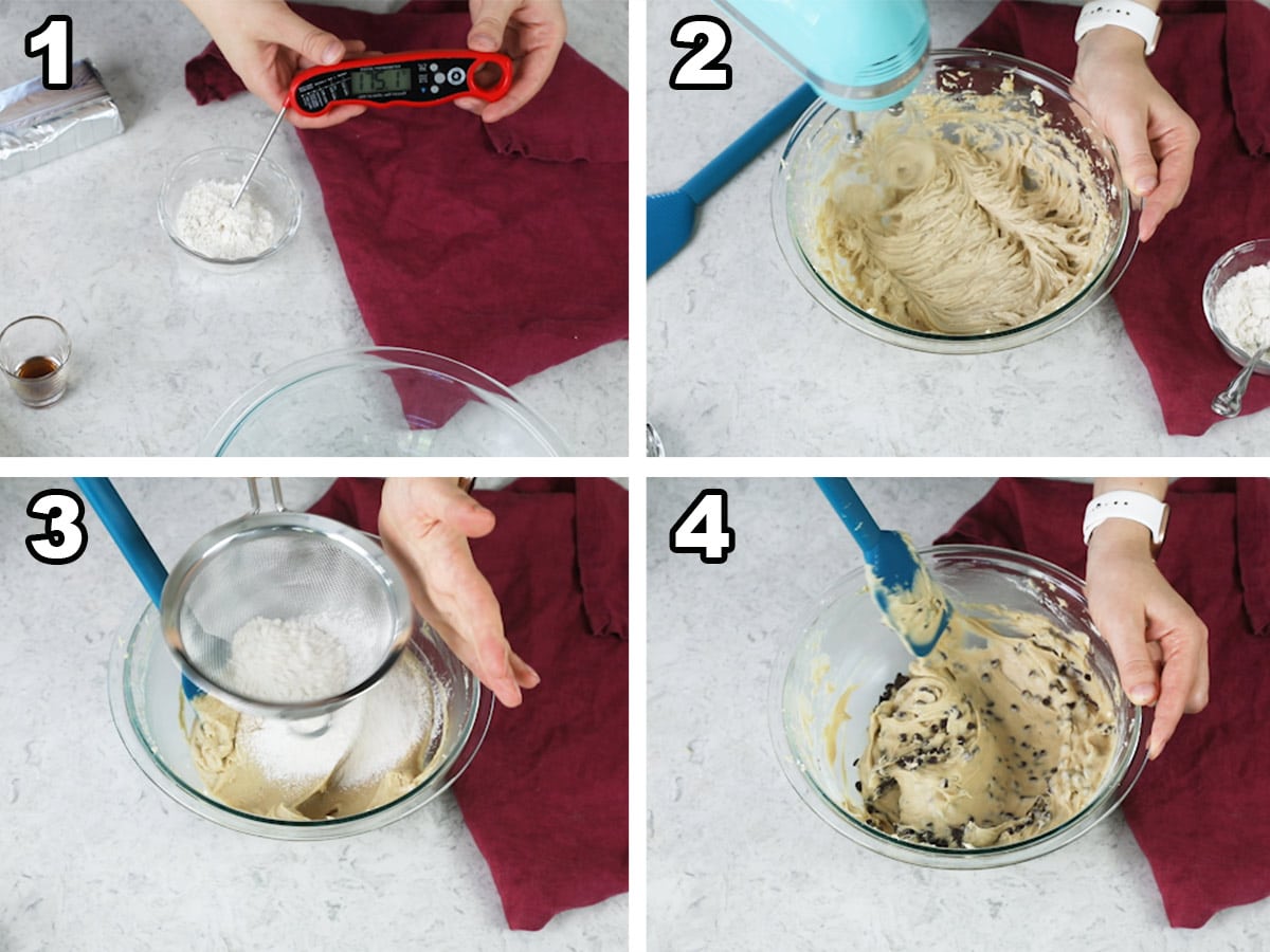 4 image collage showing the steps to making cookie dough dip: heating flour, creaming wet ingredients, adding flour, stirring in chocolate chips