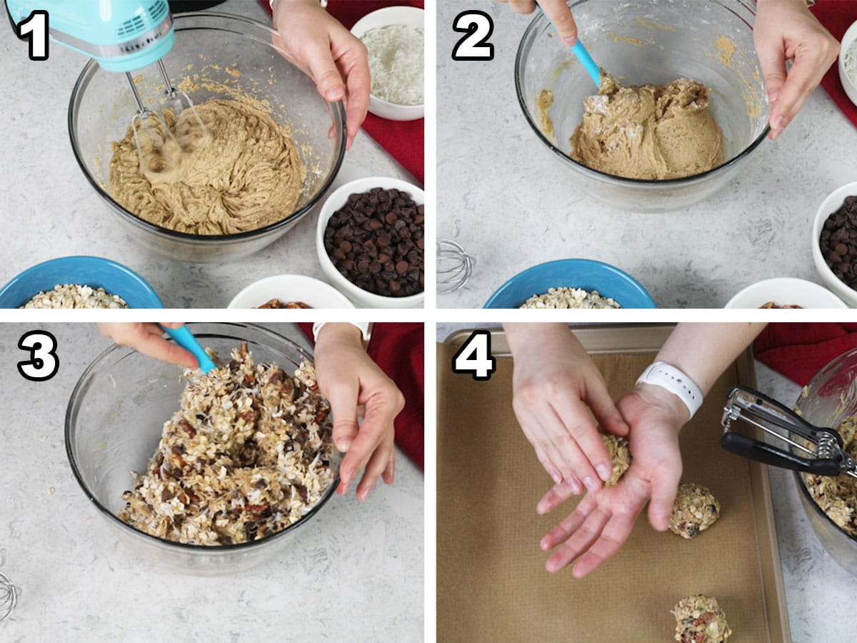 collage of four photos showing how to make cowboy cookies