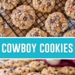 collage of cowboy cookies, top image of birds eye view of cookies on cooling rack, bottom image of side angel of cookies