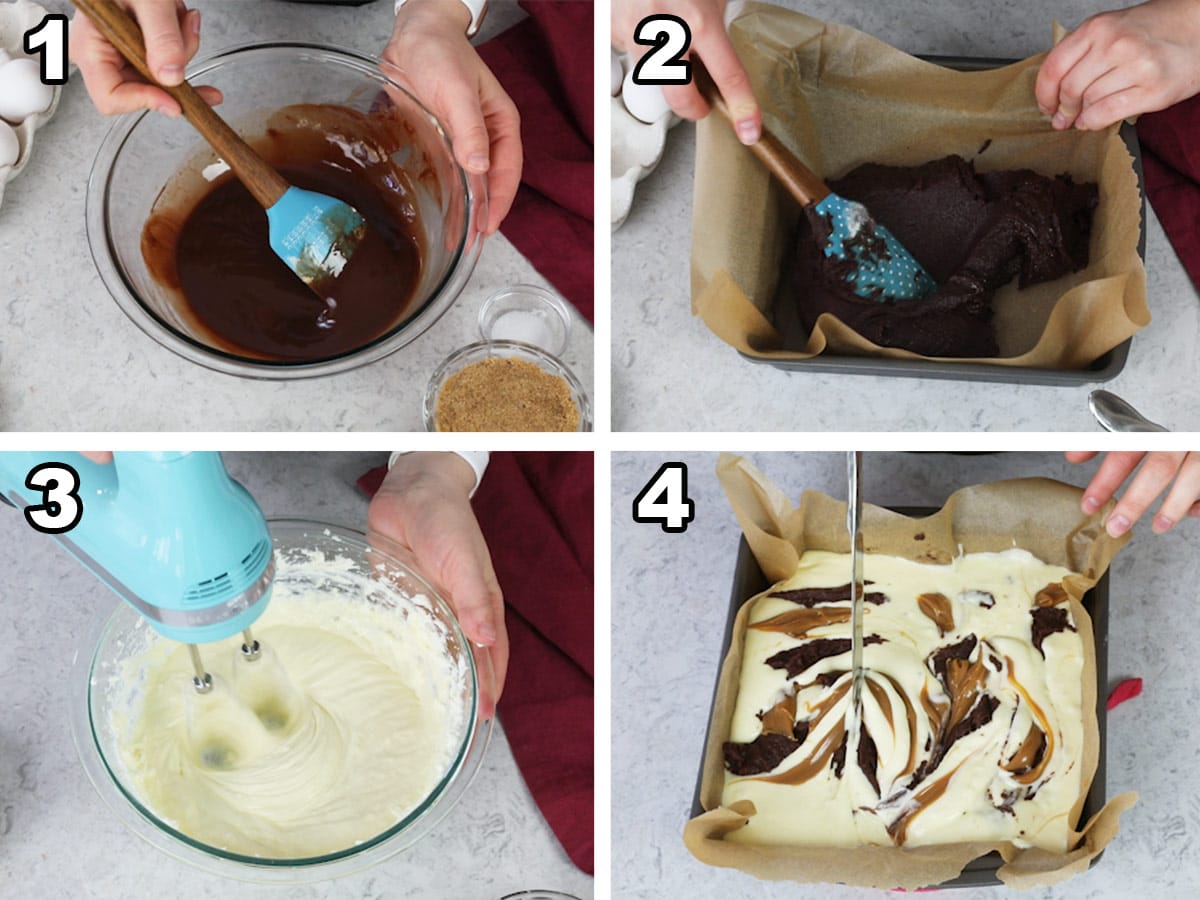 4 steps to assembling dulce de leche cream cheese brownies: melting chocolate, making brownie layer, mixing cheesecake, swirling brownie, dulce de leche, and cheeseckae