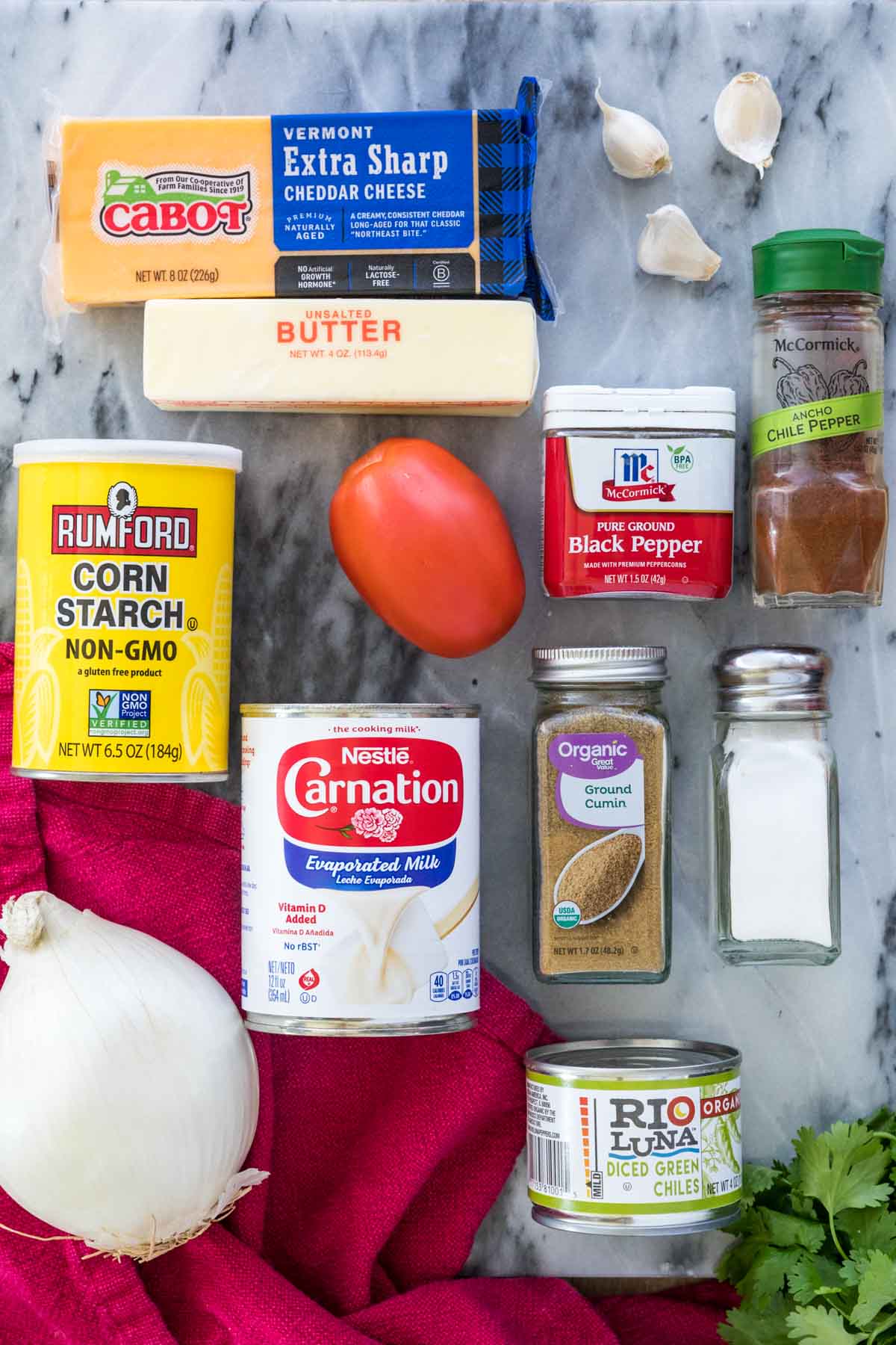 overhead view of ingredients for queso