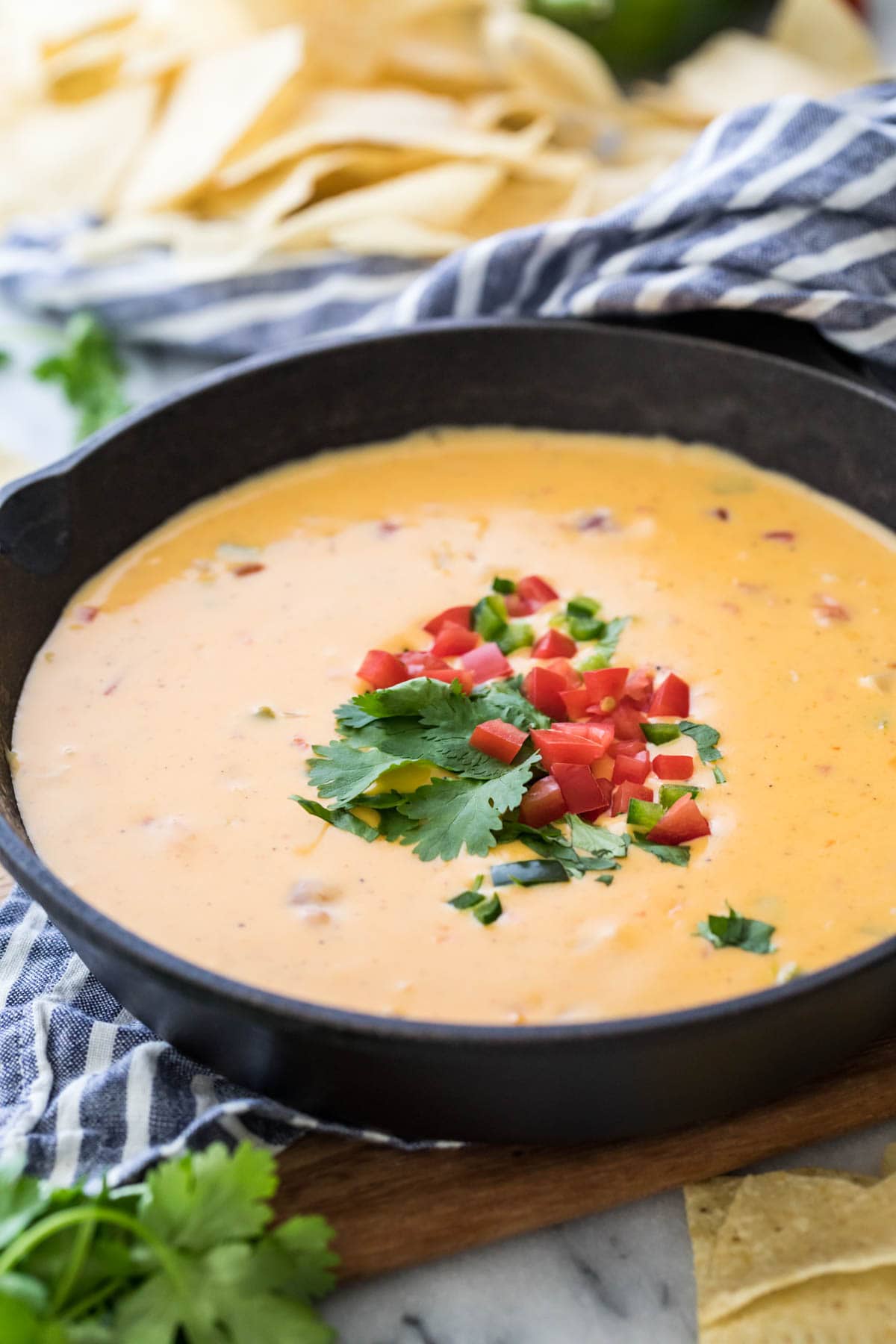 cast iron skillet of homemade queso topped with cilantro and diced tomatoes