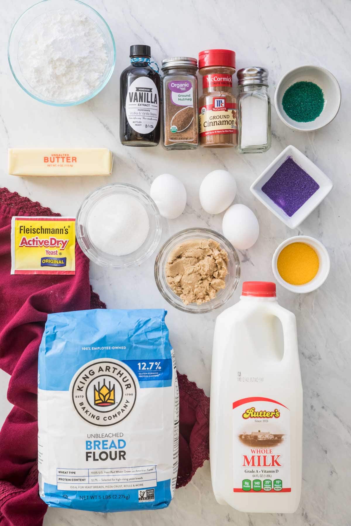 overhead view of king cake ingredients