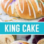 collage of king cake, top image of full king cake, bottom image of a single slice on white plate