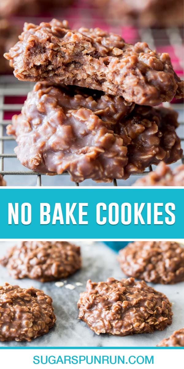 collage of no bake cookies, top image of two cookies stacked, bototm image of them spread out on marble slab