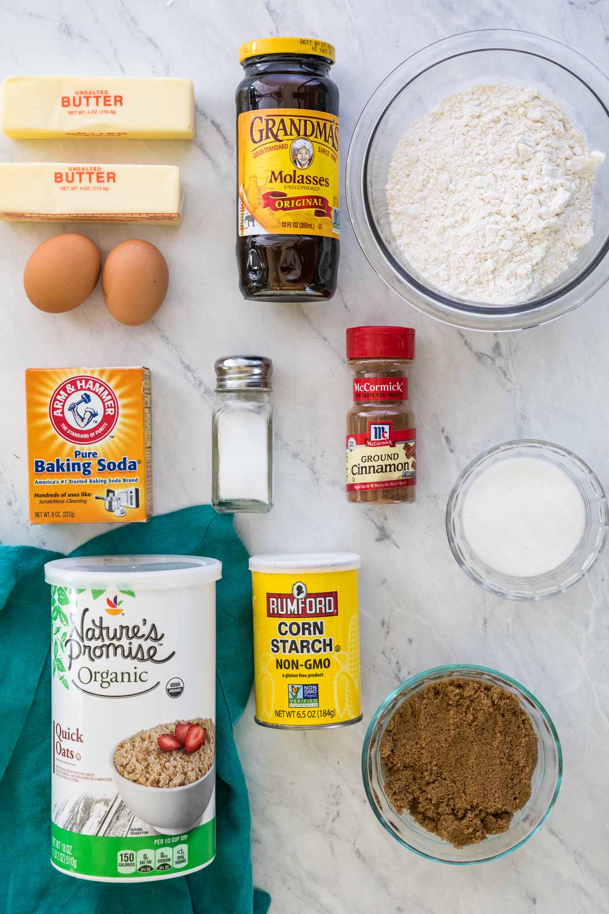 overhead view of ingredients for the cookie portion of oatmeal cream pies