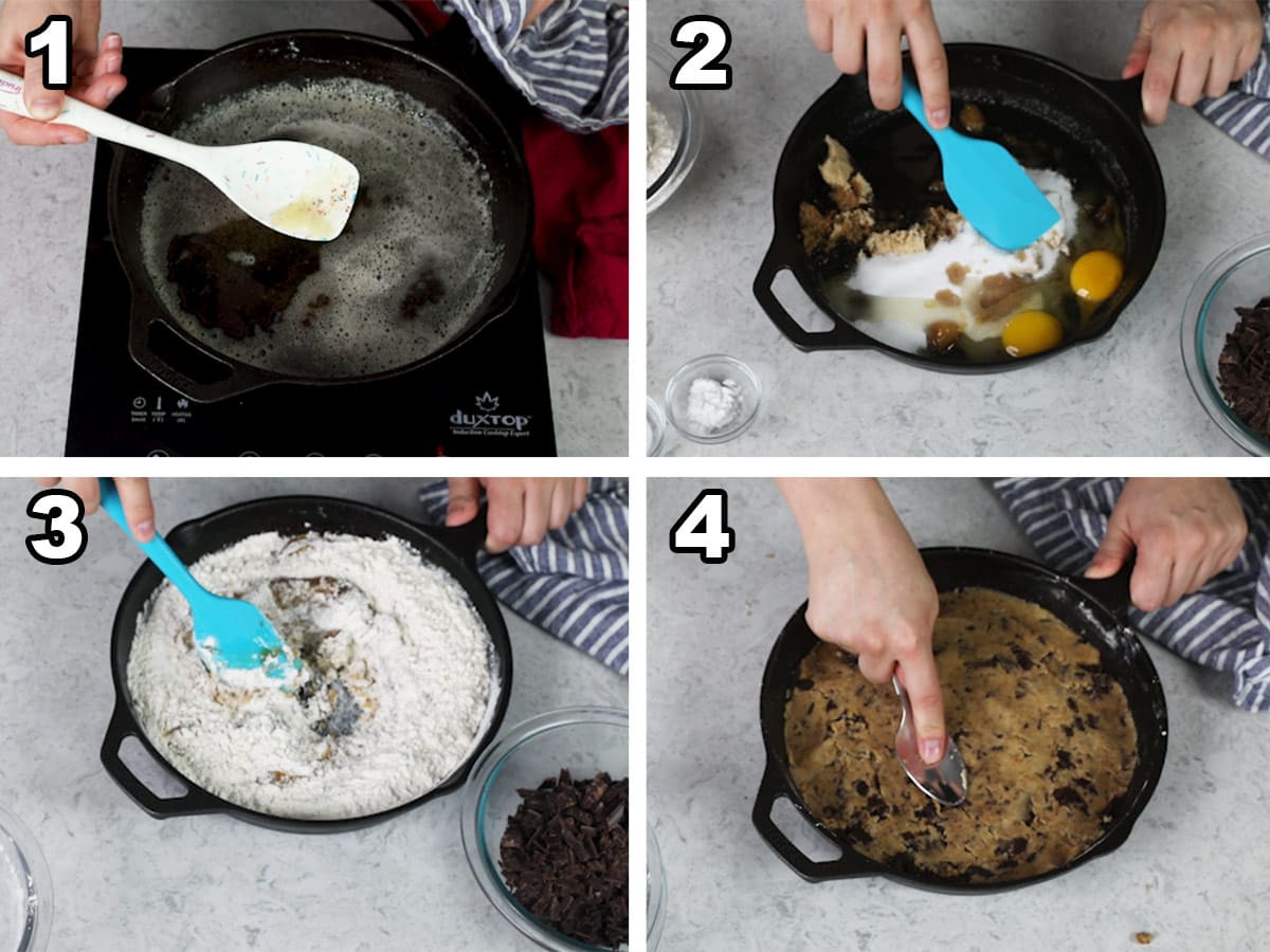 collage of four photos showing how to make a pizookie