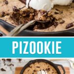collage of pizookie, top image of close up of warm pizookie with vanilla icecream on top, bottom image of pizookie in skillet