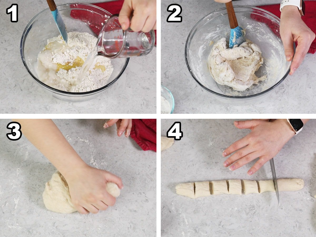 collage showing how to prepare pretzel bite dough in 4 steps: mixing dough, tacky texture, kneading, and cutting into bite-sized pieces
