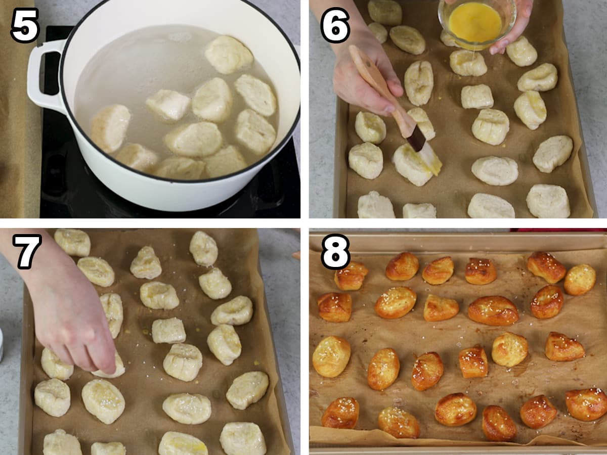 collage showing 4 steps to prepare pretzel bites: boiling, brushing with egg, adding salt, and baking until golden