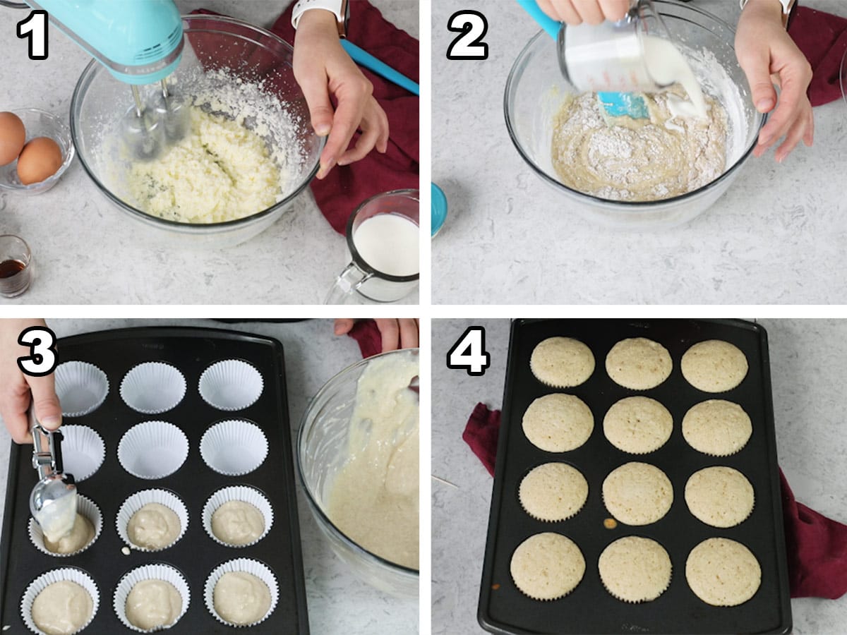 collage of 4 images showing how to prepare cupcakes: mixing batter, folding in dry ingredients, portioning batter and cupcakes after baking