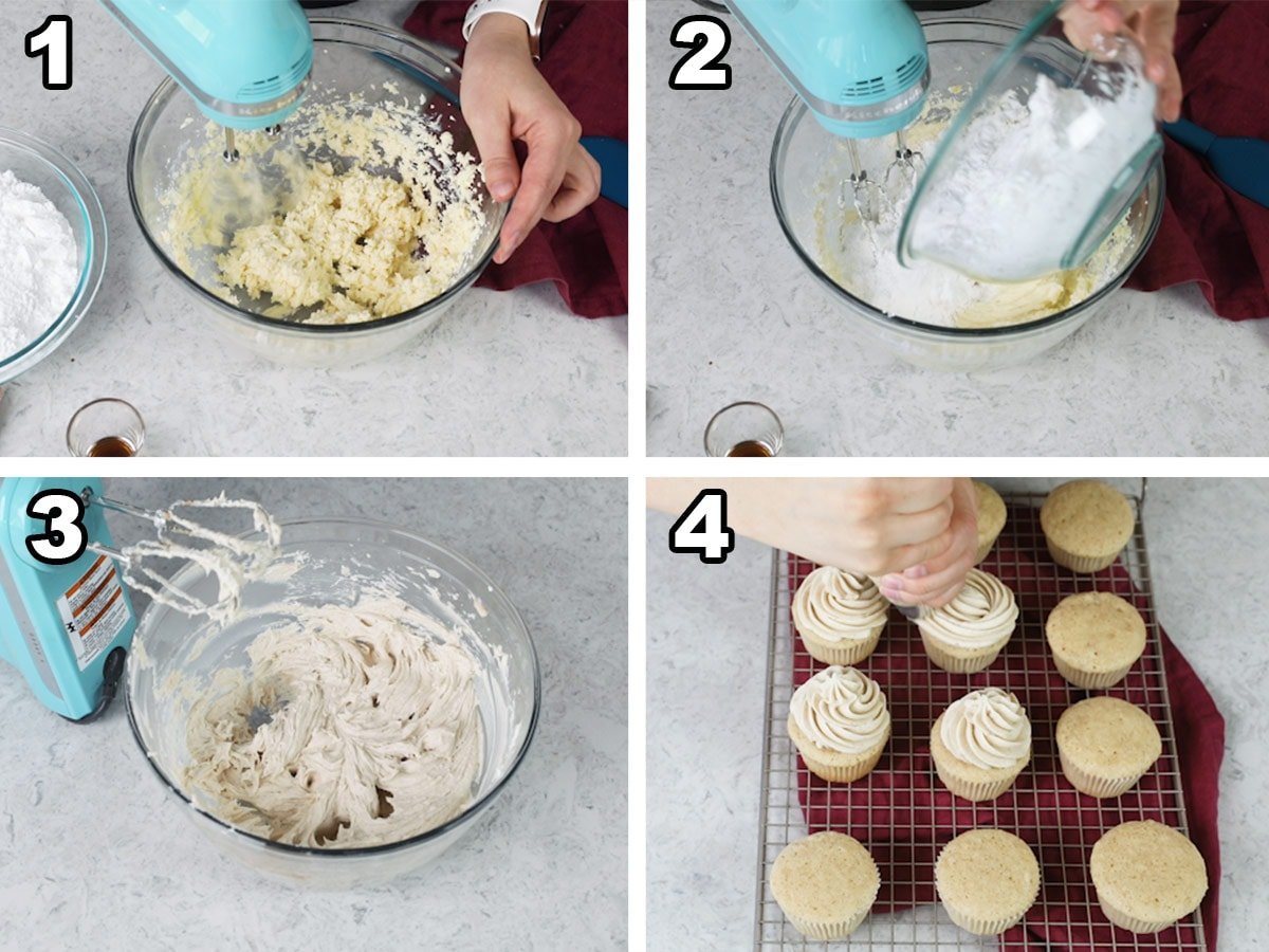4-image collage showing how to prepare frosting for cupcakes: 1) creaming butter, 2) stirring in sugar 3) showing smooth final consistency 4) piping on cupcakes