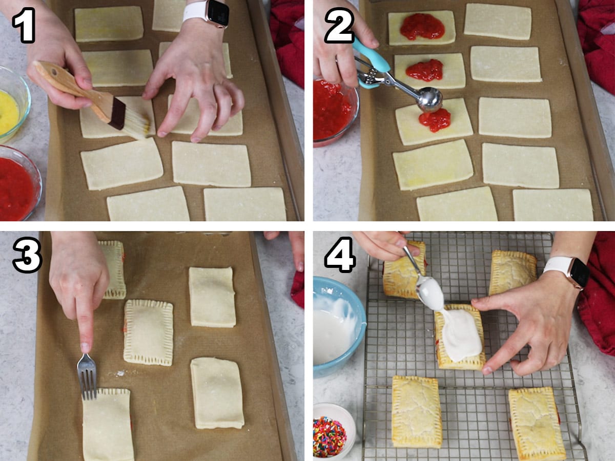 collage of four photos showing how to assemble and frost homemade strawberry pop tarts