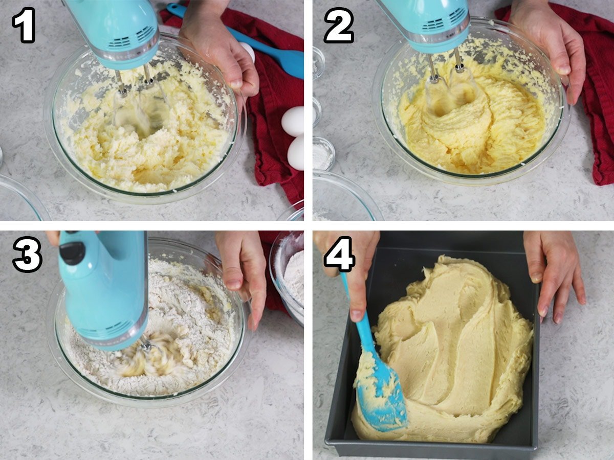 4-photo collage showing how to make sugar cookie bar batter