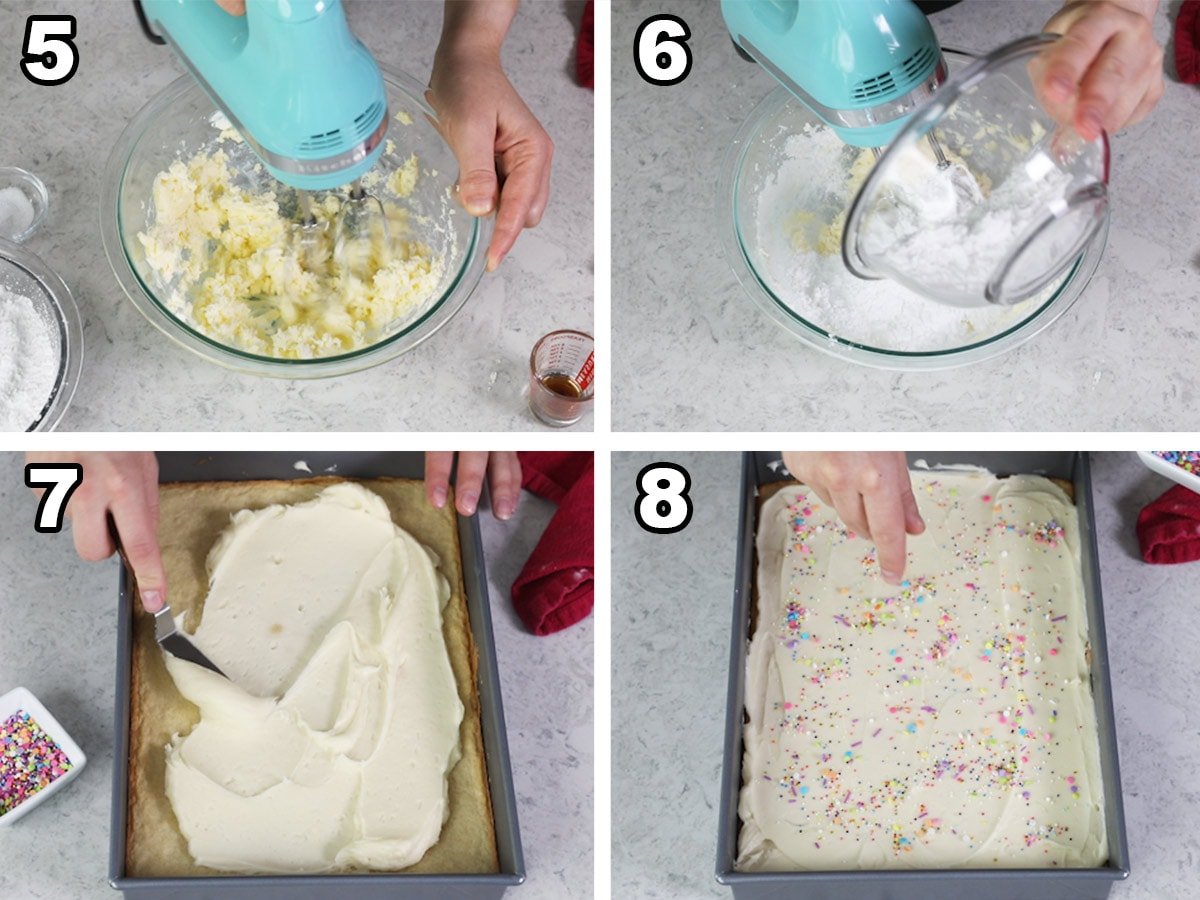 4-photo collage showing how to make icing for sugar cookie bars and decorating the bars