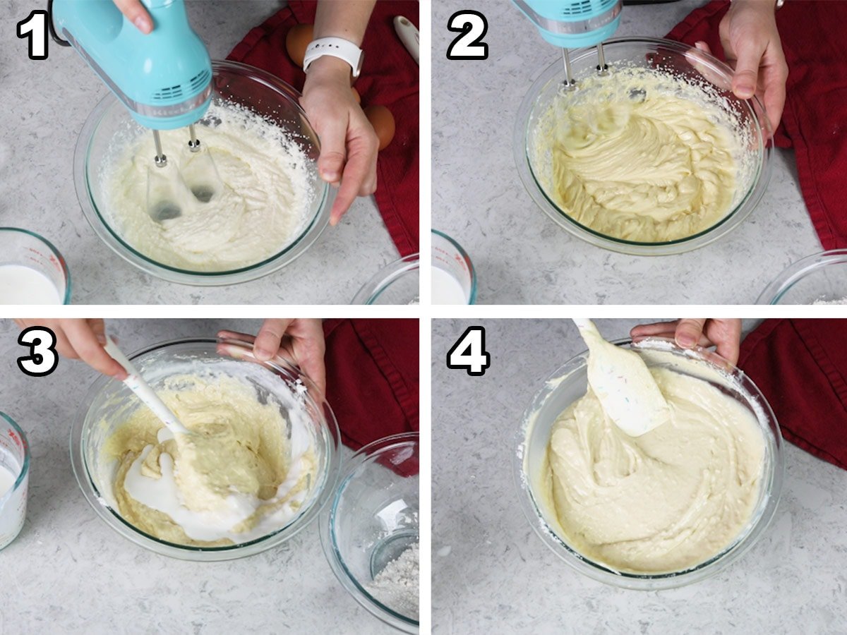 collage of four photos showing how to make vanilla cake batter