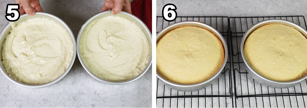 collage of two photos showing vanilla cake before and after baking