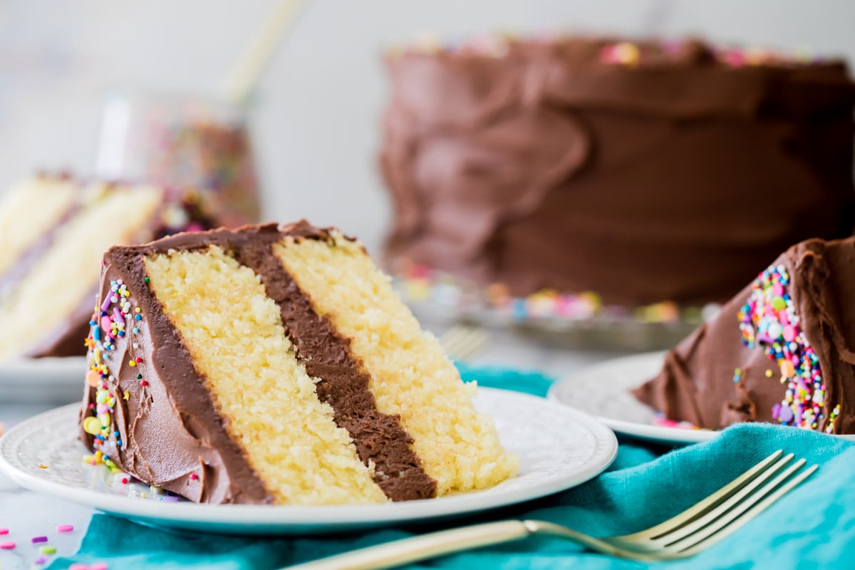 slice of two-layer vanilla cake on a white plate with cake and other slices in background