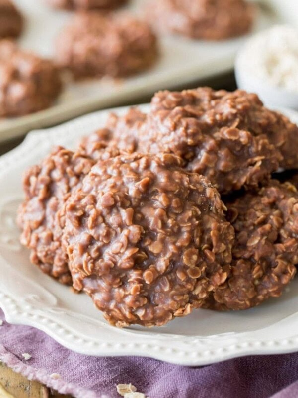 Close up of no bake cookies pilled on white plate