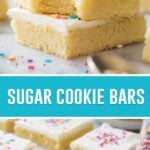 collage of sugar cookie bars, top image of two bars stacked, bottom image of bars on marble slab
