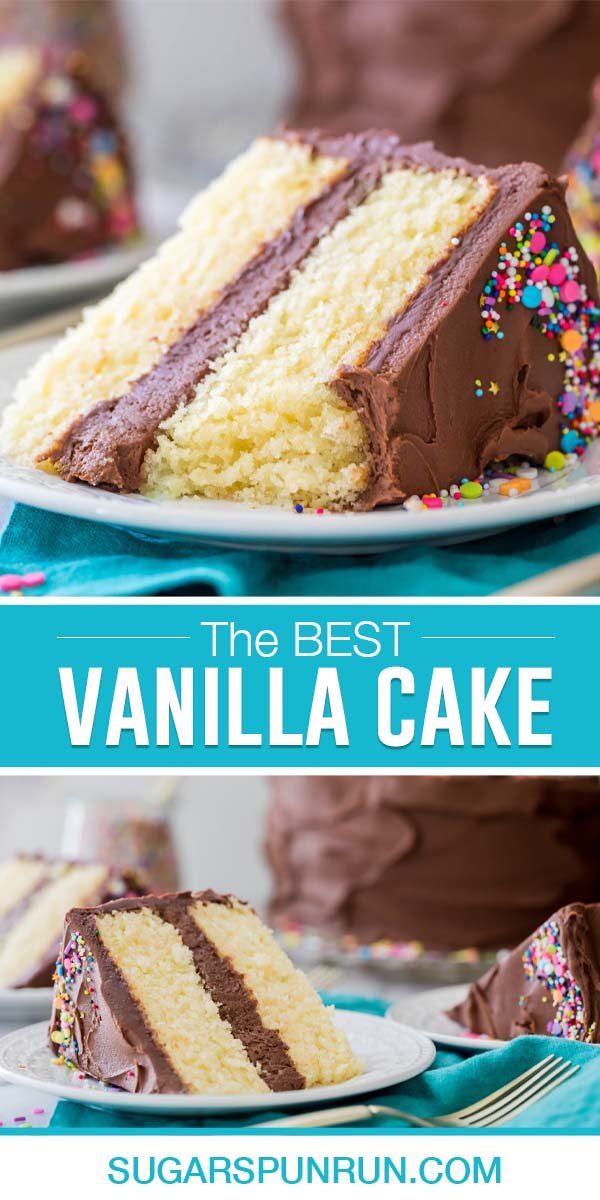 collage of vanilla cake, top image of single slice close up, bottom image same slice different angle
