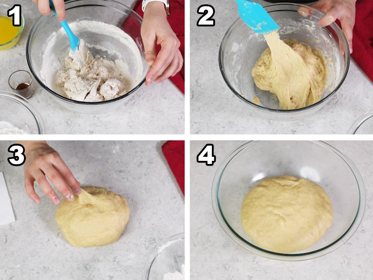 collage of four photos showing how to prepare the dough for Boston cream donuts