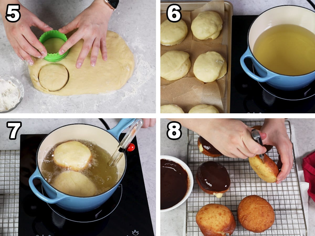 collage of four photos showing how to cut, fry, and cool boston cream donuts