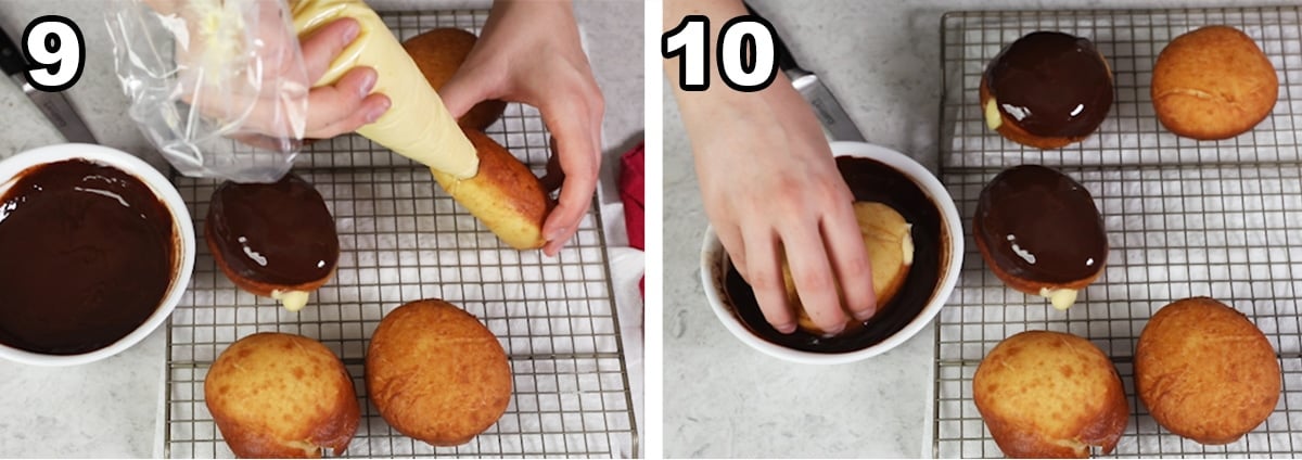 collage of two photos showing how to fill and glaze Boston cream donuts