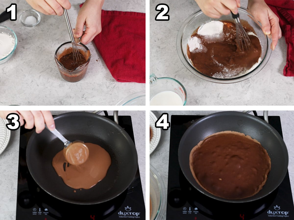 collage of four photos showing how to make chocolate crepes