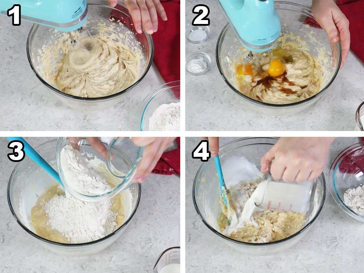 collage of four photos showing cinnamon roll cake batter being prepared
