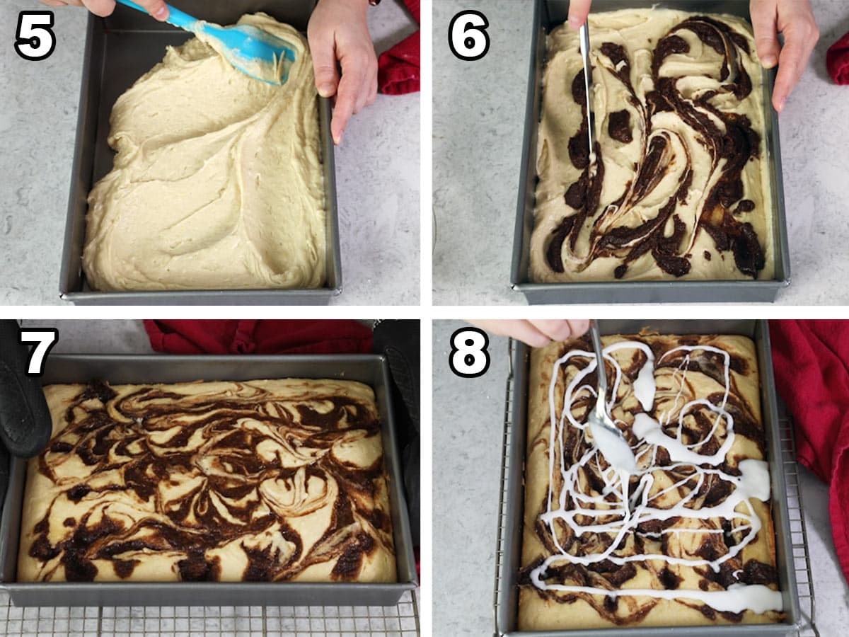 collage of four photos showing cinnamon roll cake batter being spread into a pan, swirled with cinnamon filling, cooling on a rack, and being iced