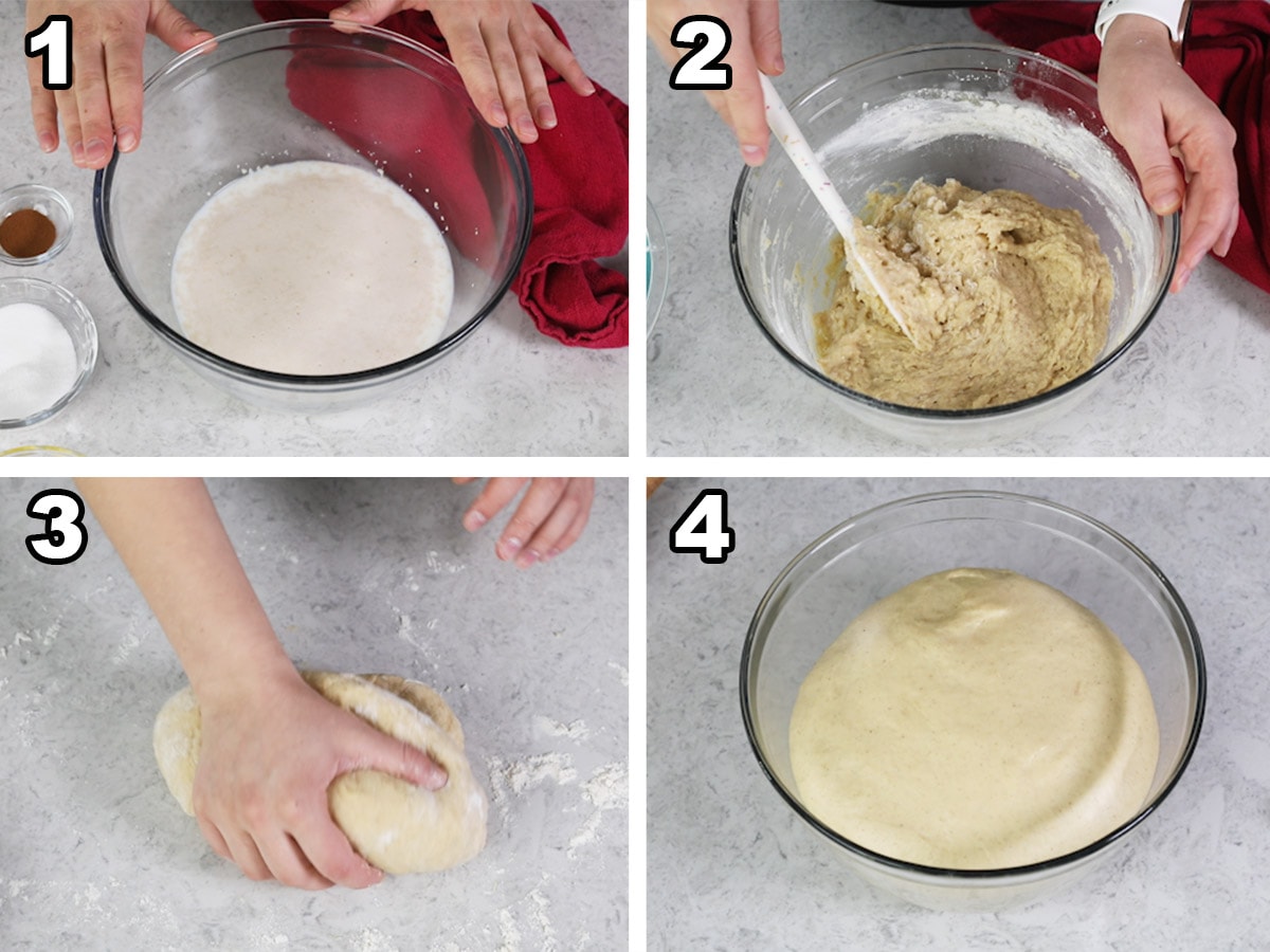 collage of four photos showing how to make dough for king cake