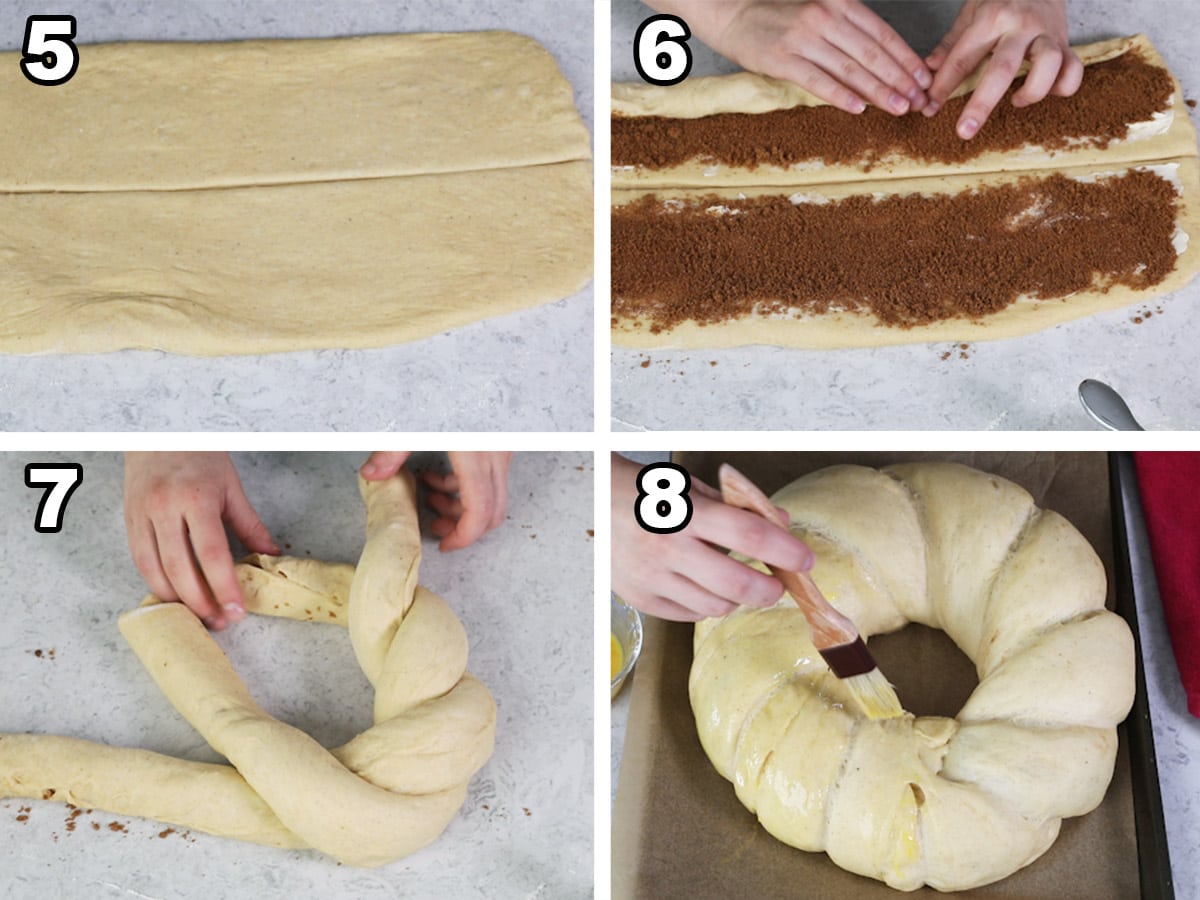 collage of four photos showing how to roll, fill, and twist dough for king cake