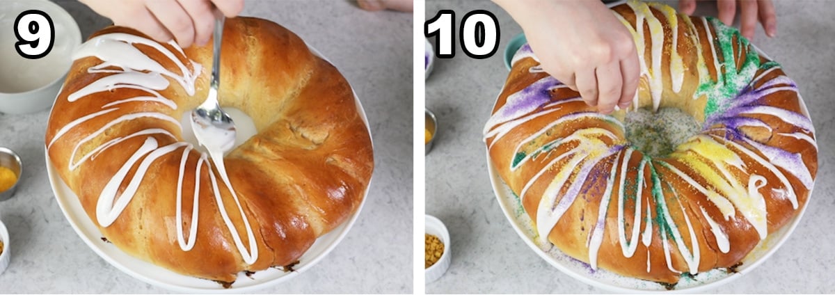 collage of two photos showing how to glaze and add sprinkles to king cake