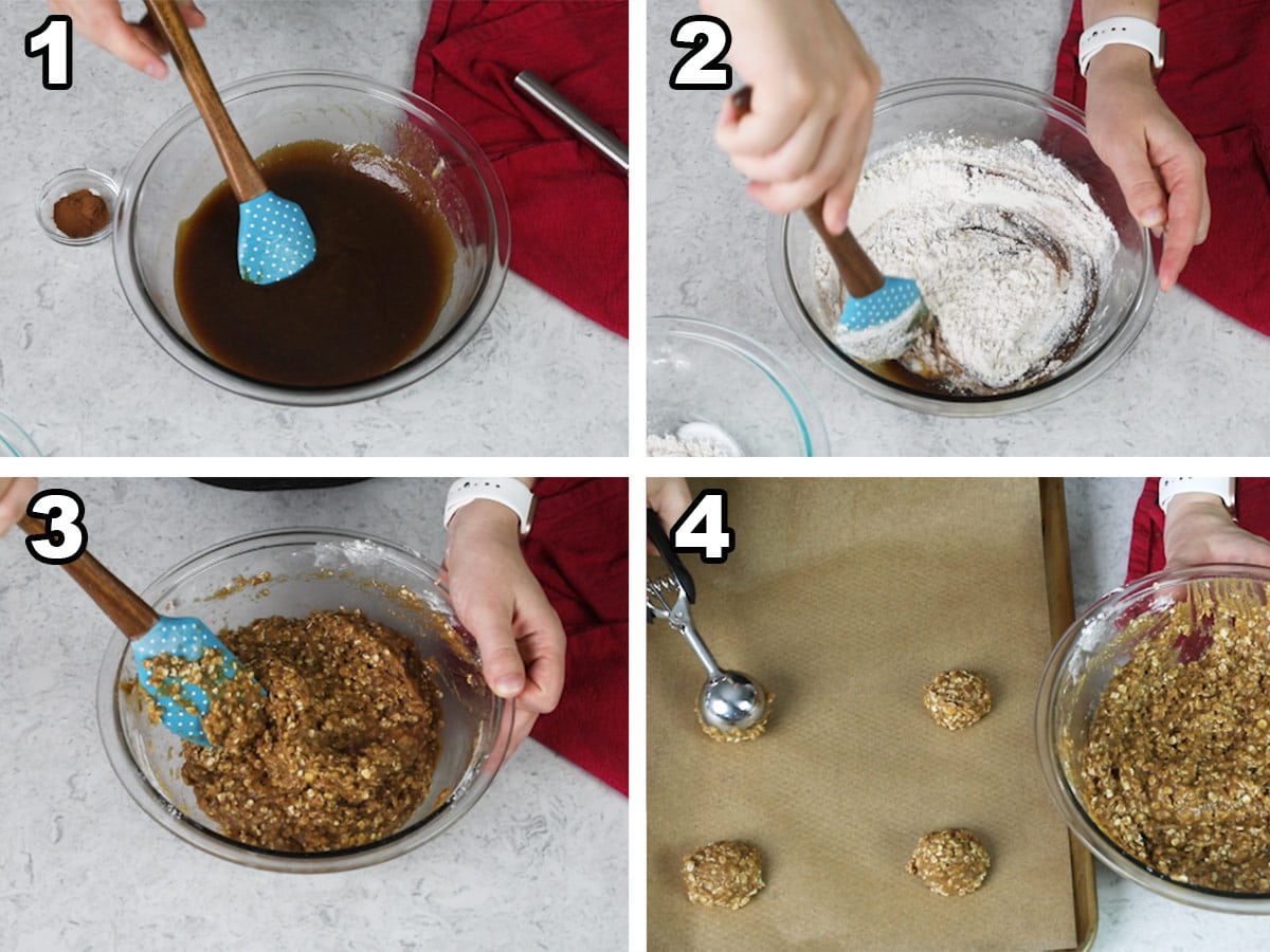 collage of four photos showing how to make the cookies for oatmeal cream pies