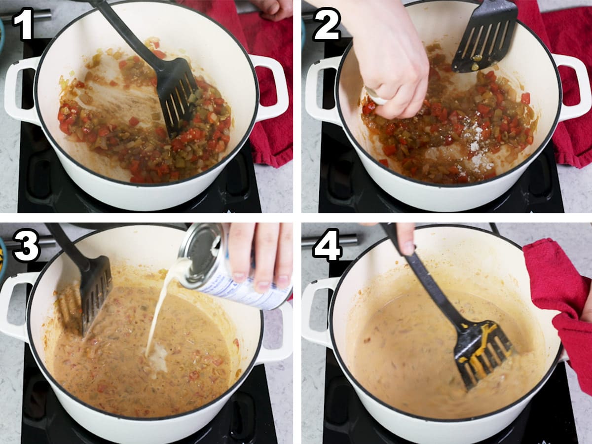 collage of four photos showing how to make queso