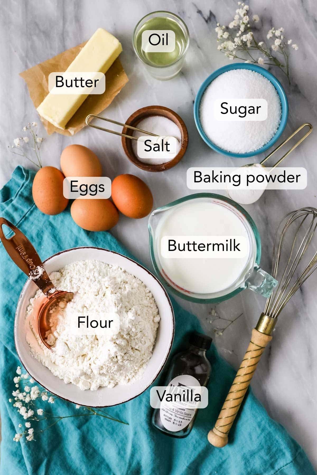 overhead view of ingredients needed for my vanilla cake recipe.