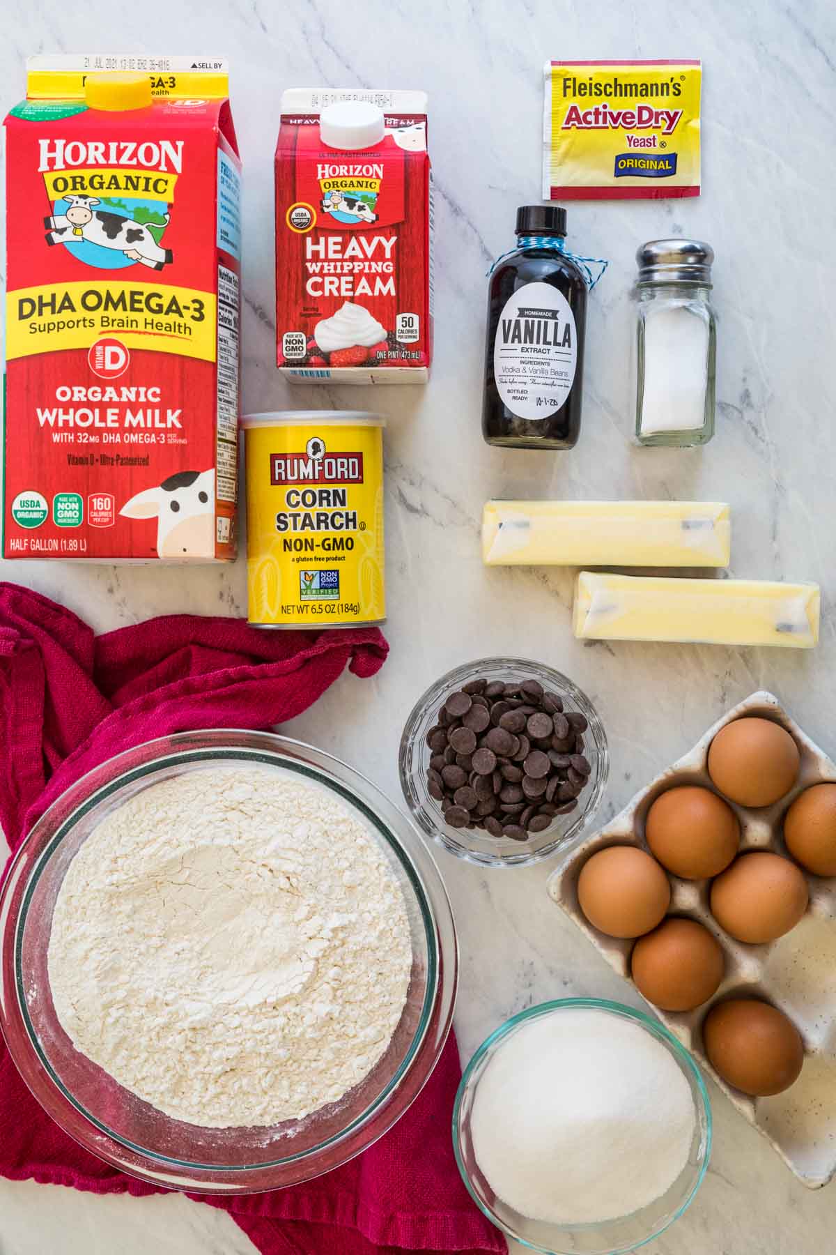 Overhead view of ingredients for Boston cream donuts