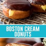 collage of boston cream donuts, top image of three donuts on old platter, bottom image close up of cream inside donut