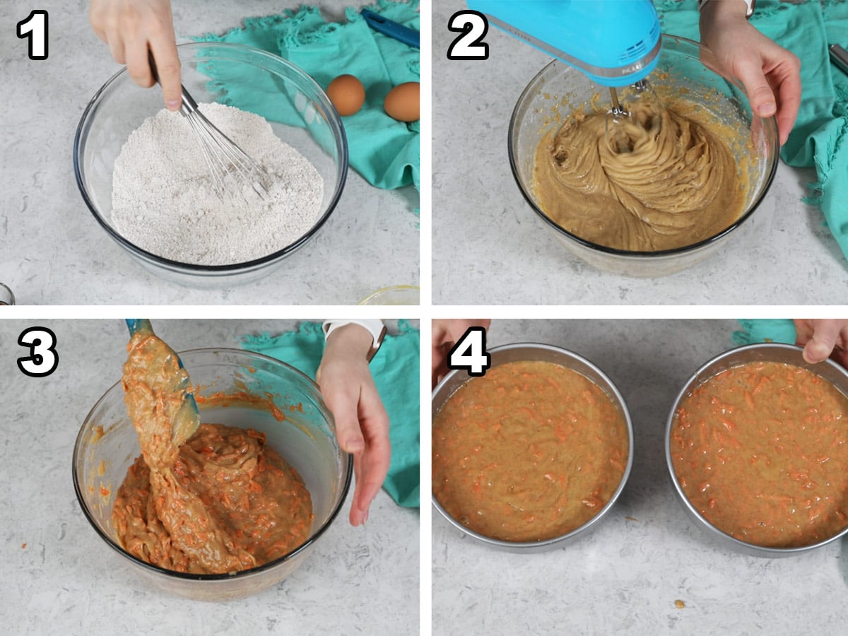 collage of four photos showing how to make carrot cake