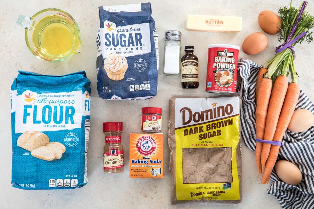 overhead view of ingredients for carrot cake